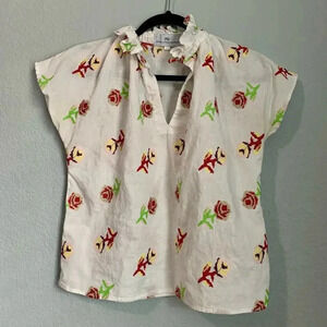 Never A Wallflower White Ruffled Popped Collar Floral Embroidered Shirt- XS/S